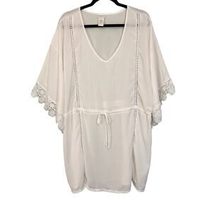 Dottie Tunic 1X Plus Resort Kimono Kaftan Lace V Neck Tie Waist Cover Up White